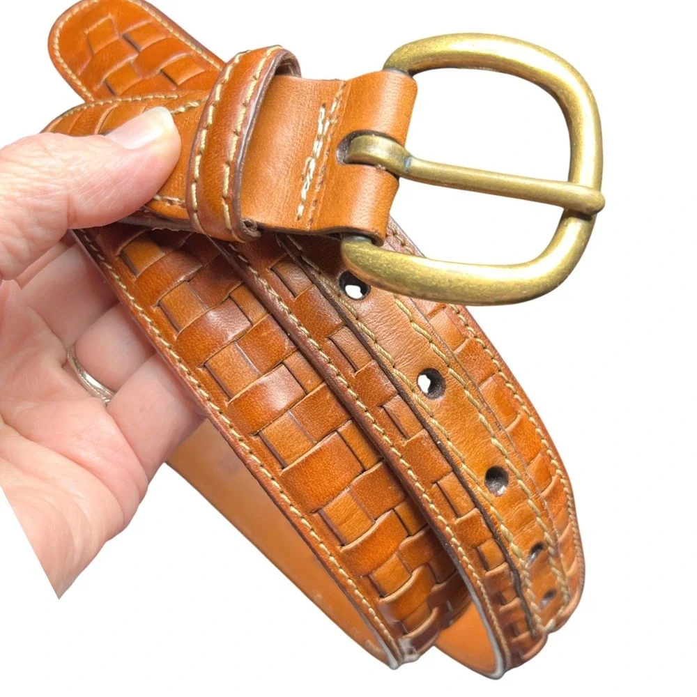 Basketweave Woven Leather Belt Brass Buckle Cognac Brown‎ Reworked 38